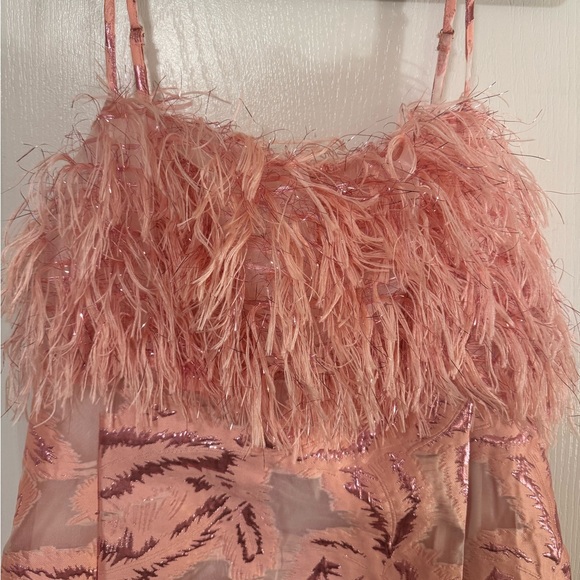 By Anthropologie Pink Feathered Metallic Mini Dress Size Large (Altered) - Picture 4 of 14